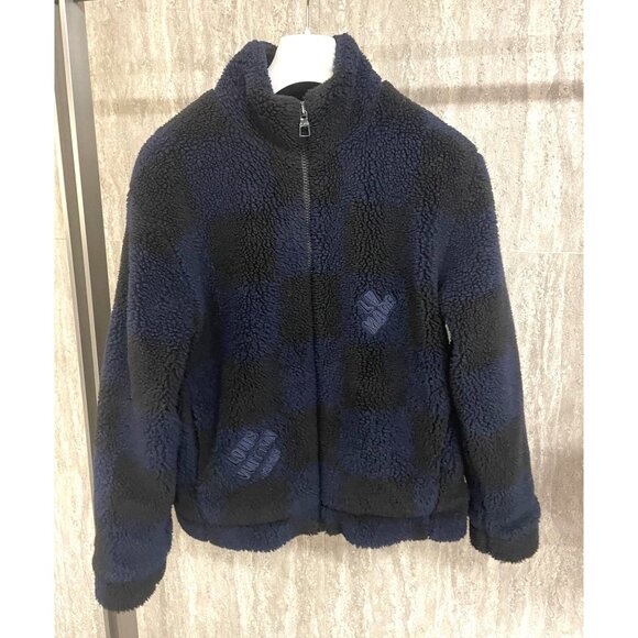 Louis Vuitton Checkered Navy & Black Sherpa Jacket Mens Full-Zip Embroidered Log - Picture 1 of 14